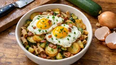Nudel-Kartoffel-Ei-Pfanne: knusprige Röstaromen und Spiegeleier in 20 Minuten