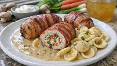 Gefüllte Putenschnitzel im Speckmantel – mit Ricotta-Gemüse-Füllung und Sherry-Sauce