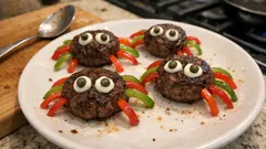 Halloween-Buletten als Spinnen: saftiges Fingerfood mit Paprika-Beinen und Kapern-Augen