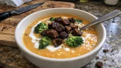 Cremige Süßkartoffel-Gemüsesuppe mit Ingwer – mit knusprigen Pumpernickel-Croutons