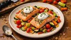 Norwegischer Lachs auf Gemüse aus dem Ofen – saftig und schnell dank Folien-Trick