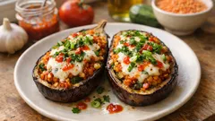 Gefüllte Auberginen aus dem Ofen – würzige Linsenfüllung mit Mozzarella gratiniert