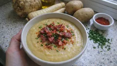 Cremige Wurzelgemüsesuppe mit knusprigem Putenschinken – einfach fein püriert