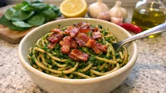 Vollkorn-Spaghetti mit grüner Spinatsauce, Zitrone und Speck – schnell gemacht