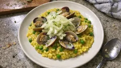 Safran-Risotto mit Venusmuscheln in Weißwein – cremig, fein und mit Fenchel on top