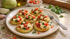 Low-Carb-Bruschetta ohne Brot: Kohlrabi aus dem Ofen mit Ziegenkäse & Tomaten