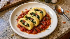 Gefüllte Polentarolle aus dem Ofen: mit Grünkohl, Gruyère und schneller Tomatensauce