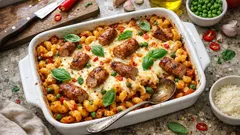 Nudelauflauf ohne Sahne: würzige Bratwurst-Tomatensauce und Mozzarella-Kruste aus dem Ofen