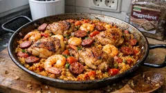 Hähnchen-Paella mit Garnelen und Chorizo – so gelingt sie saftig aus dem Ofen