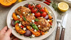 Hähnchen mit Hokkaido vom Blech: knusprige Haut, weicher Kürbis – alles in 45 Minuten