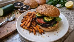 Vegetarischer Zucchini-Burger mit Portobello – dazu knusprige Süßkartoffelpommes