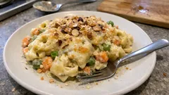 Cremiger Tortellini-Auflauf mit Erbsen und Möhren – mit Parmesan und Nuss-Crunch