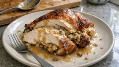 Gefüllter Truthahn aus dem Ofen: saftige Kräuter-Brot-Füllung und cremige Sauce