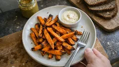 Ofen-Süßkartoffel-Pommes, die wirklich knusprig werden – mit Wasserbad & Mehl-Trick