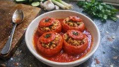 Gefüllte Tomaten mit Reis aus dem Ofen – saftig in Tomatensauce gegart