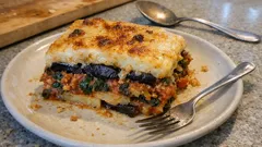Vegetarische Moussaka aus dem Ofen – mit Auberginen, Spinat-Tomaten und cremiger Béchamel