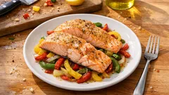 Saftiger Ofenlachs auf Paprikagemüse – in 30 Minuten mit Zitrone und Olivenöl