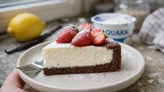 Käsekuchen mit Mürbeteigboden: cremige Quarkfüllung mit Zitrone, Vanille und Erdbeeren