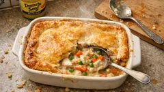 Überbackenes Hähnchen im Pot-Pie-Stil: cremige Füllung unter knusprigem Teigdeckel