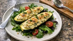 Gefüllte Zucchini aus dem Ofen: Ricotta-Parmesan-Creme auf frischem Salat