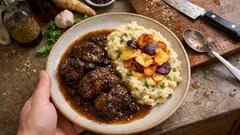 Kalbssauerbraten aus Kalbsbäckchen – butterzart geschmort, mit Petersilienwurzelpüree