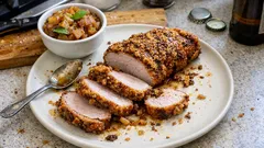 Schweinelende aus dem Ofen mit Senfkruste – dazu ein schnelles Apfelchutney