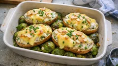 Cremig gefüllte Ofenkartoffeln mit Rosenkohl – mit Käse goldgelb überbacken