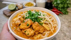 Scharfes Hähnchen-Curry mit Kokossahne und Reisnudeln – in 30 Minuten aus dem Wok