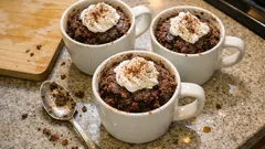 Schoko-Tassenkuchen aus dem Ofen – saftig, portioniert und mit Sahne serviert