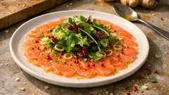 Lachs-Pescaccio wie im Bistro: hauchdünnes Carpaccio mit Zitronen-Ingwer-Dressing