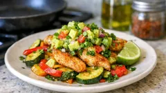 Hähnchen mit Zucchini und Paprika – schnell aus der Pfanne mit Avocado-Limetten-Salsa