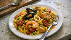 Klassische Paella aus dem Ofen: Safranreis mit Meeresfrüchten, Hähnchen und Chorizo