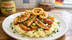 Himmel und Erde modern: Kartoffelpüree mit Apfelspalten, Hähnchen und Knusperzwiebeln