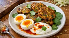 Knusprige Curry-Kartoffel-Kohl-Puffer mit wachsweichem Ei – schnell, vegetarisch, sättigend