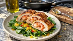 Gefüllte Poulardenbrust mit Riesengarnelen – saftig aus dem Ofen, mit Mango-Orangen-Salat