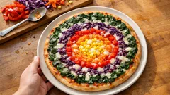 Regenbogen-Pizza mit Quark-Öl-Teig: buntes Gemüse, schnell auf dem Tisch
