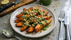 Knusprige Süßkartoffel-Wedges aus dem Ofen – mit Petersilien-Walnuss-Pesto