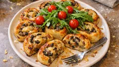 Pizza-Kringel aus Dinkelhefeteig – mit Champignons, Gouda und Rucola-Topping