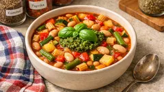Sättigende Minestrone mit weißen Bohnen – mit Basilikum-Pesto als frischem Finish