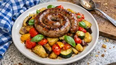 Bratwurst mit Ofengemüse vom Blech – einfach rein, Ofen an, fertig