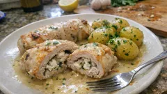Saftige Putenröllchen mit Feta-Füllung – in Rahmsauce mit Petersilienkartoffeln