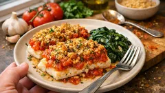 Seelachs aus dem Ofen mit Tomaten-Kräuter-Soße – dazu Knoblauchspinat