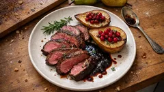 Rehrücken rosa garen bei 100 °C – mit Preiselbeer-Birnen und kräftiger Wildsauce