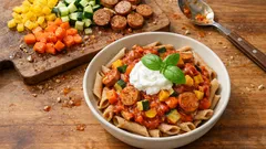 Vegetarisches Würstchengulasch mit Vollkornnudeln – herzhaft und schnell gemacht