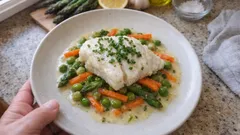 Gedünsteter Fisch mit Frühlingsgemüse – zartes Filet auf Spargel, Möhren und Erbsen