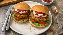 Grünkern-Burger wie vom Grill: nussige Patties mit Gouda, außen kross, innen saftig