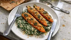 Gebackene Möhren mit Salbei-Parmesan-Sesam-Kruste auf cremigem Sesamspinat