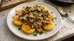 Knusprige Polentaknödel aus dem Ofen – dazu ein aromatisches Pfifferlingsragout