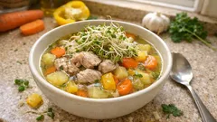 Klare Gemüsesuppe mit Pute – mit Sprossen-Topping bleibt sie besonders frisch