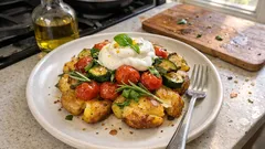 Backkartoffeln mediterran: knusprige Schale, Ofentomaten und Zitronen-Sojacreme